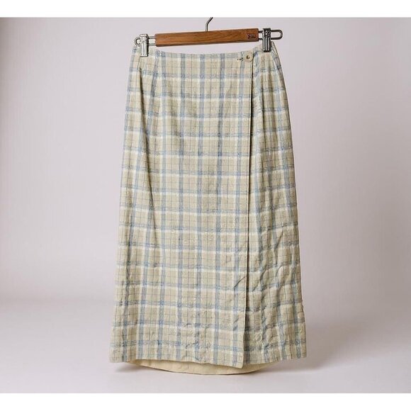 Vintage Talbots Linen Blend Wrap Skirt Size 8 Blue Beige Check Plaid Midi USA - Picture 1 of 14